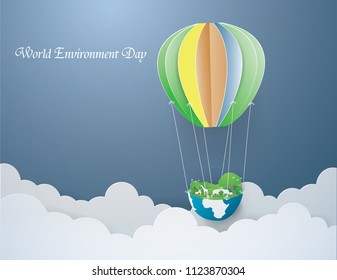 Wild animals in the green forest on the Earth tied with color balloon in the sky .World environment day concept.illustration craft style.
