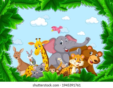 Wild animals group in the forest frame illustration