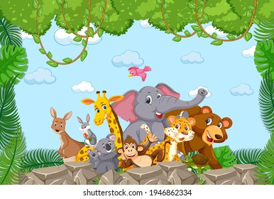 Wild animals group in the forest frame illustration
