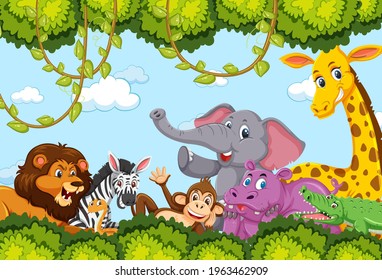 Wild animals group in the forest frame illustration