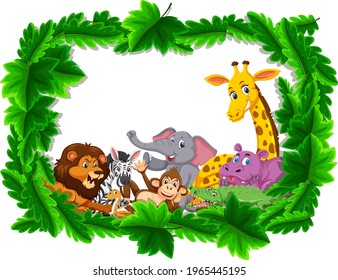 Wild animals group in forest frame illustration
