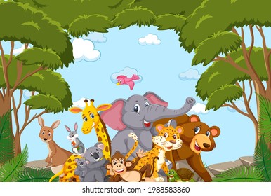 Grupo de animales salvajes en la ilustración del marco forestal