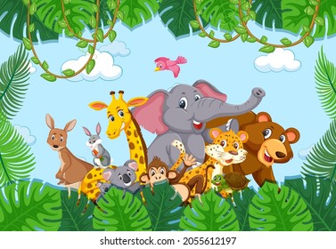 Wild animals group in the forest frame illustration