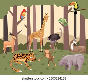 Wildtiergruppe in der Waldszene Vektorgrafik-Design