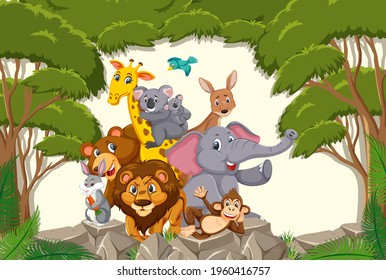 Wild animals group in the forest scene illustration