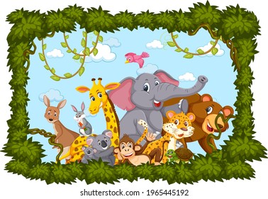 Wild animals group with leaves frame illustration