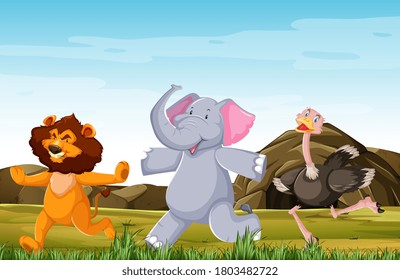 Wild animals group are posing standing smile cartoon style isolated on forest background illustration