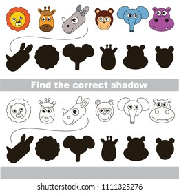 Wild Animals head set to find the correct shadow, the matching educational kid game to compare and connect objects and their true shadows, simple gaming level for preschool kids.