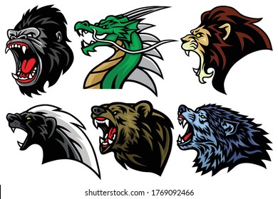 Wild Animals Head Set. Lion, Bear, Gorilla, Dragon, Honey Badger Vector Esport Mascot Logo Design Icon Avatar Illustration