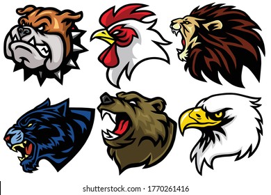 Wild Animals Head Set. Lion, Bear, Eagle, Jaguar, Rooster, Bulldog Vector Esport Mascot Logo Design Icon Avatar Illustration