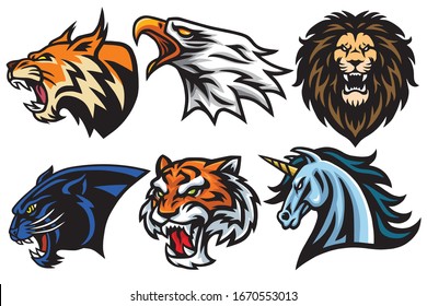 Wild Animals Heads Logo Mascot Set. Lion, Tiger, Jaguar, Lynx, Eagle, Unicorn - Vector Mascot Logo Design Pack