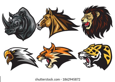 Wild Animals Heads Logo Mascot Set. Rhino, Horse, Lion, Lynx, Eagle, Leopard - Esport Sports Mascot Logo Illustration Design Vector Pack