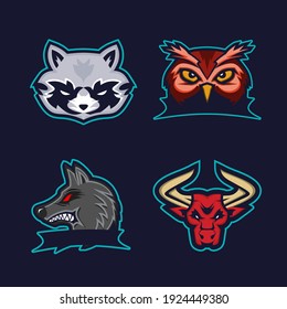 Wild Animals Heads Logo Mascot Set. Raccoon, Owl, Wolf, bull - Esport Sports Mascot Logo Illustration Design Vector Pack
