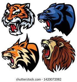 Wild Animals Heads Logo Set. Lion, Tiger, Jaguar, Lynx - Vector Sports Esport Mascot Illustration Design