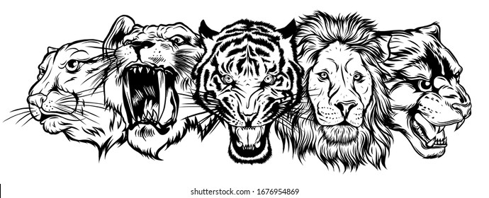 Wild Animals Heads Set. Lion, Tiger, Jaguar, Lynx - Vector Mascot Logo Design