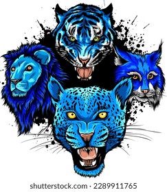 Wild Animals Heads Set. Lion, Tiger, Jaguar, Lynx - Vector Mascot Logo Design