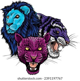 Cabezas De Animales Salvajes Fijadas. León, tigre, Jaguar, Lynx - Diseño del logotipo de mascota vectorial