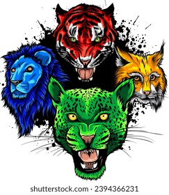 Wild Animals Heads Set. Lion, Tiger, Jaguar, Lynx - Vector Mascot Logo