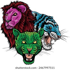 Wild Animals Heads Set. Lion, Tiger, Jaguar, Vector Mascot Logo Design