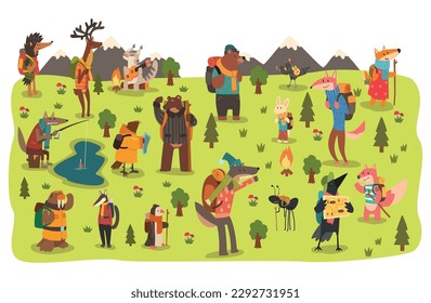 Wild animals hiking with backpacks on nature. Animals characters having hiking adventure travel or camping trip vector illustration