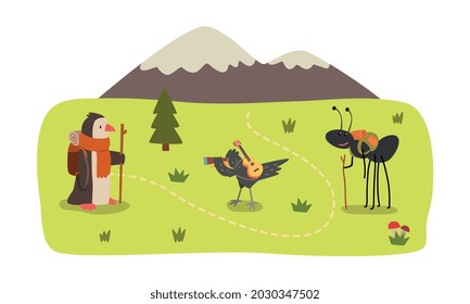 Animales salvajes recorren el paisaje montañoso de verano, pingüino, hormiga, camping de personajes de cuerdas, ilustración de vectores de senderismo