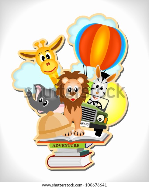 wild animals, hot air balloon and car with\
adventure books