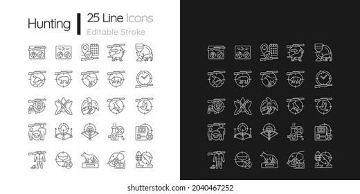 Wild animals hunting linear icons set for dark and light mode. Big and small game hunting. Hunt license. Customizable thin line symbols. Isolated vector outline illustrations. Editable stroke