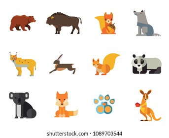Wild Animals Icon Set. Bear Paw Trace Koala Hare Lynx Fox Squirrel Panda Squirrel With Nut Kangaroo Wolf Wisent