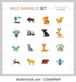 Wild Animals Icon Set. Bear Paw Trace Koala Hare Lynx Fox Squirrel Panda Squirrel With Nut Kangaroo Wolf Wisent