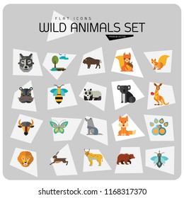 Wild Animals Icon Set. Bear Paw Trace Koala Hare Lynx Fox Squirrel Panda Squirrel With Nut Kangaroo Wolf Wisent