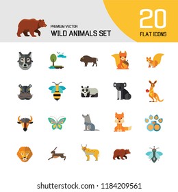 Wild Animals Icon Set. Bear Paw Trace Koala Hare Lynx Fox Squirrel Panda Squirrel With Nut Kangaroo Wolf Wisent