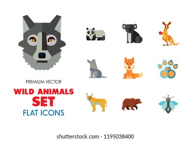 Wild Animals Icon Set. Bear Paw Trace Koala Hare Lynx Fox Squirrel Panda Squirrel With Nut Kangaroo Wolf Wisent