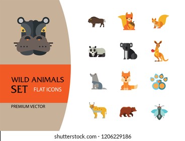 Wild Animals Icon Set. Bear Paw Trace Koala Hare Lynx Fox Squirrel Panda Squirrel With Nut Kangaroo Wolf Wisent