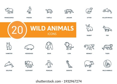 Wild Animals icon set. Contains editable icons wild animals theme such as pigeon, jaguar, killer whale and more.