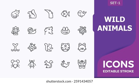 Wild Animals icons. Included icons as africa, zoo, rabbit, owl, deer, tiger, animal and more. Icons for design. Vector artwork and illustration. Minimalistic linear icons.