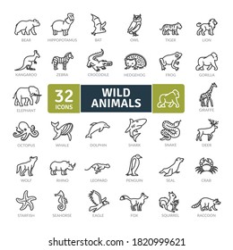 Wild Animals Icons Pack. Thin line creature icons set. Flat icon collection set. Simple vector icons