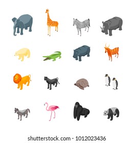 Wild Animals Icons Set Isometric View Include Of Giraffe, Lion, Elephant,Hippo,Monkey, Bear And Crocodile. Vector Illustration Of Animal