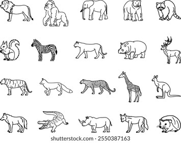 Ícones de animais selvagens. Ilustrações vetoriais de leão, gorila, elefante, urso, veado, esquilo, zebra, tigre, leopardo, girafa, guaxinim, raposa, lobo, rinoceronte e muito mais