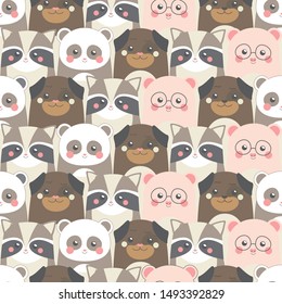 Wild animals including pig dog raccoon panda bear seamless pattern smiling facing front with happy feeling perfect for children illustration 