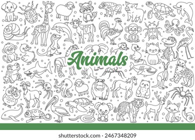 Wild animals and insects or reptiles living in forest near marine creatures swimming in sea. Evil and good animals inhabiting different countries and climates or zoos. Hand drawn doodle