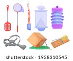 Wild animals and insects traps set. Metal trap for bear, mousetrap, net and box isolated on white. Cartoon vector illustration for hunter tools, pest repelling, animal catching concept