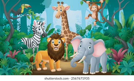 Wild animals in the jungle background