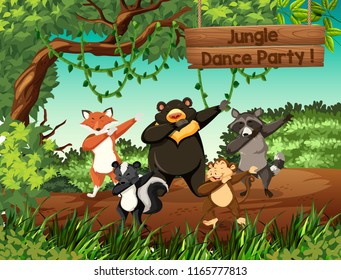 Wild animals jungle dance party illustration