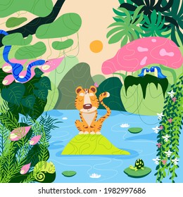Wild animals in the jungle. Flora and fauna of tropics. Flat cartoon colorful vector illustration.