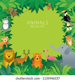 Wild Animals in Jungle, Frame, Kids and Cute Cartoon Style