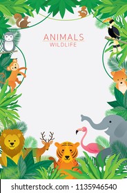 Wild Animals in Jungle, Frame, Kids and Cute Cartoon Style