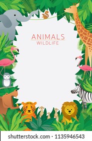 Wild Animals in Jungle, Frame, Kids and Cute Cartoon Style