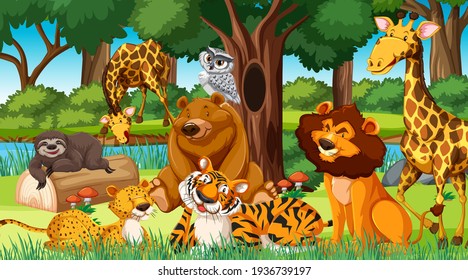 Wild animals in the jungle illustration