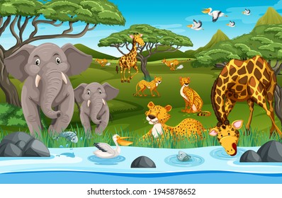 Wild animals in the jungle illustration
