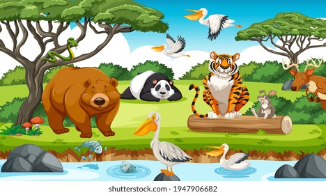 Wild animals in the jungle illustration